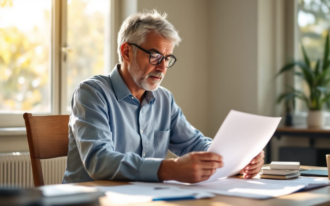 Une personne assise à un bureau en bois, examinant des documents d'assurance, avec une expression concentrée et une lumière naturelle qui pénètre par la fenêtre.