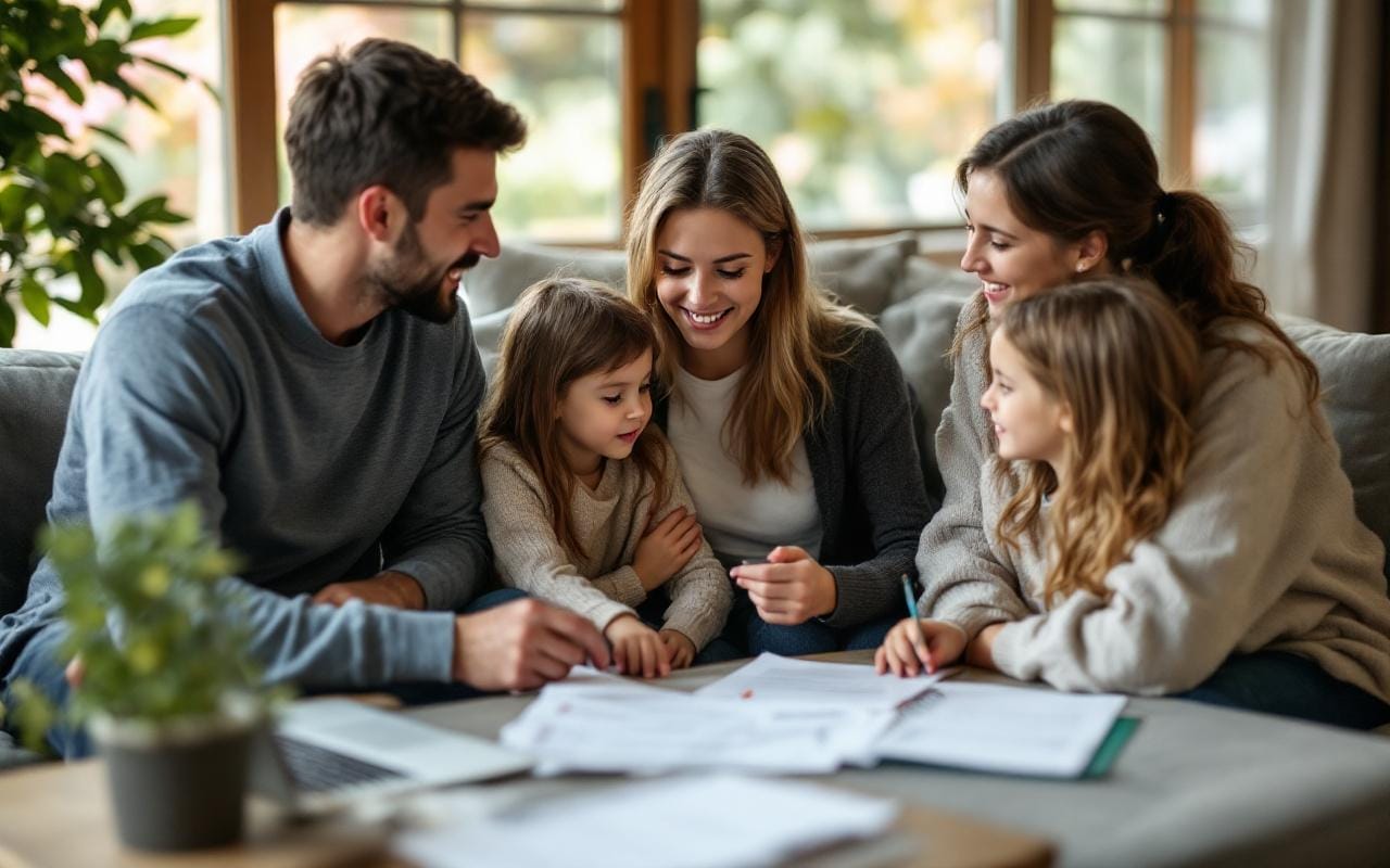 Une famille assise autour d'une table basse en train de discuter des options d'assurance santé, avec des enfants écoutant attentivement et des documents étalés sur la table, dans un environnement chaleureux et convivial.
