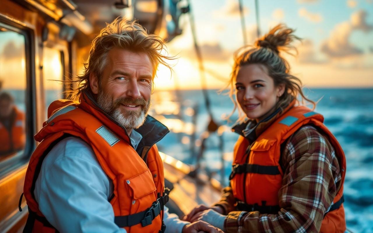 Skipper et son équipage portant des gilets de sauvetage orange sur le pont d'un voilier, cheveux au vent, lumière chaude de coucher de soleil, mer bleue en arrière-plan, expressions naturelles